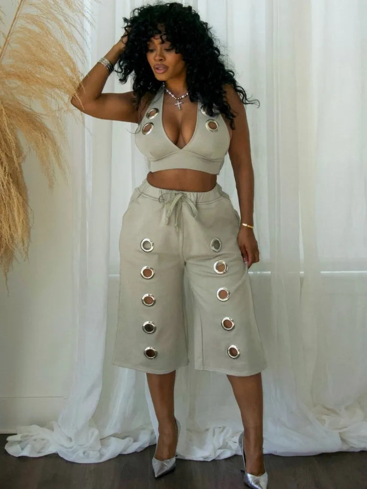 Women's Sexy Sleeveless Crop Top and Shorts Two Piece Set