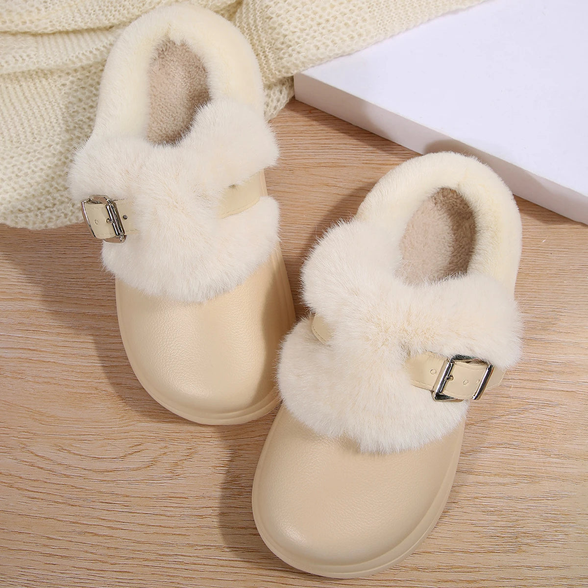Women's Waterproof EVA Furry Clogs Metal Buckle Thick Sole
