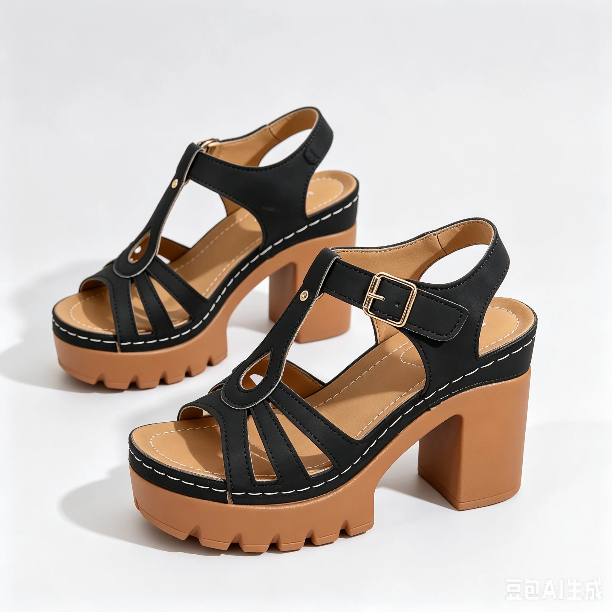 Women's Peep Toe Platform Block Heel Sandals Ankle Strap