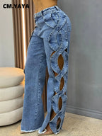 Women's High-Waist Cutout Criss Cross Wide Leg Denim Pants