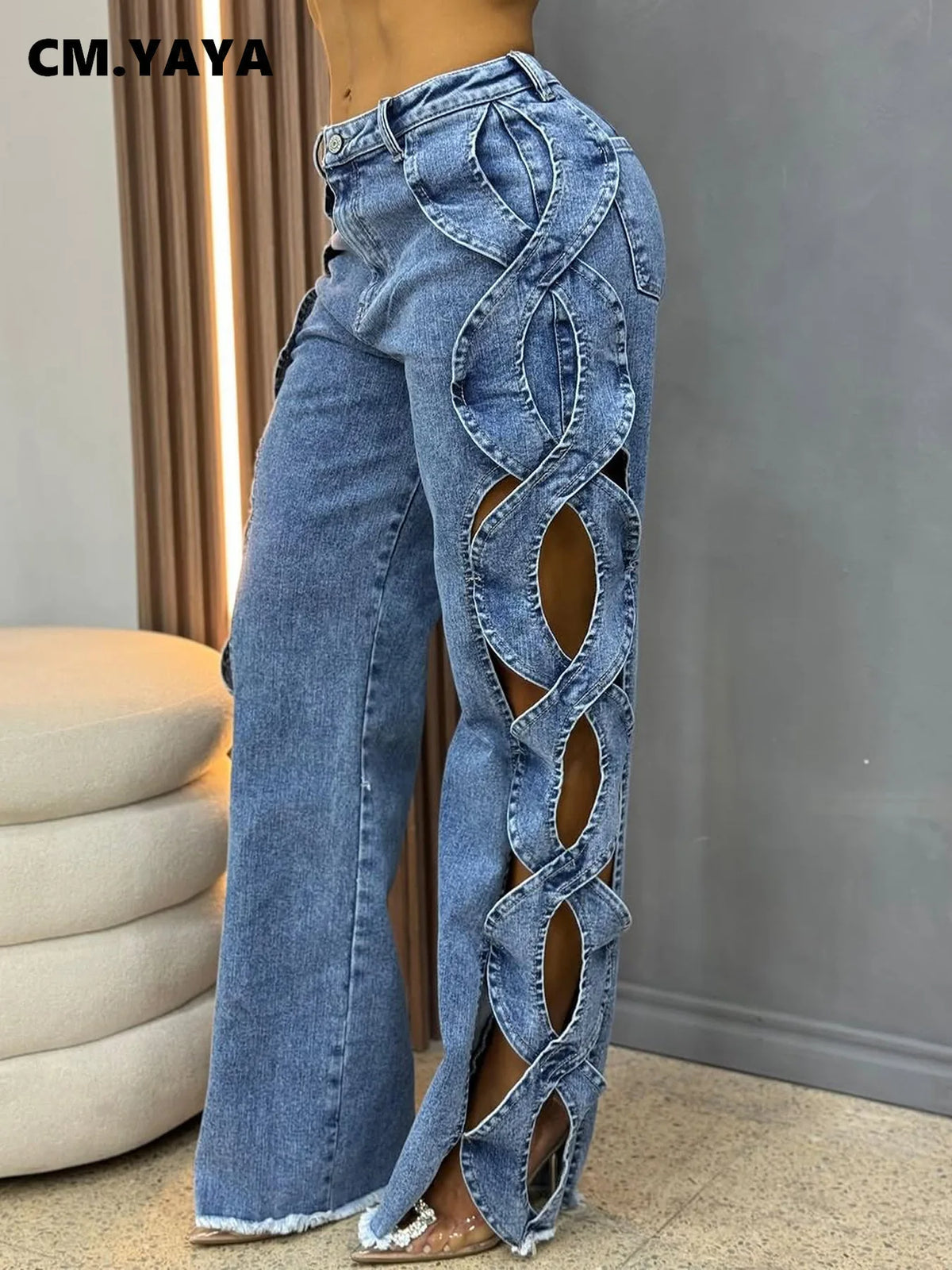 Women's High-Waist Cutout Criss Cross Wide Leg Denim Pants