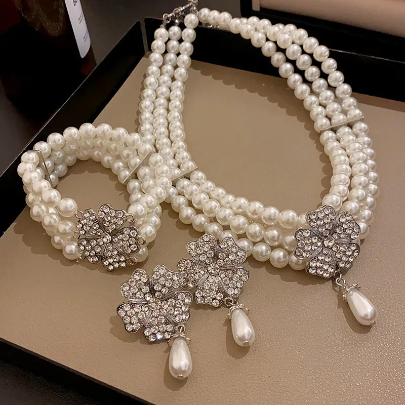 Women's Fashion Elegant Rhinestone Flower Pearl Jewelry Set