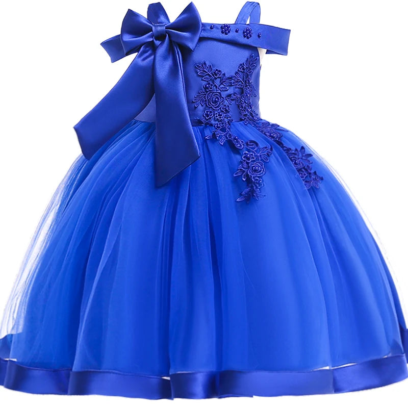 Girls' Flower Applique Bow Princess Ball Gown Dress