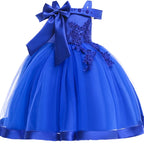 Girls' Flower Applique Bow Princess Ball Gown Dress