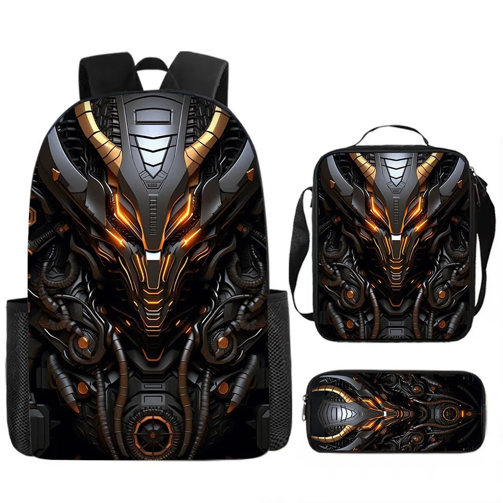 Unisex Mechanical 3D Print Backpack 3-Piece Bag Set