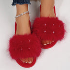 Women's Faux Fur Pearl Slippers Open Toe Plush Home Slides