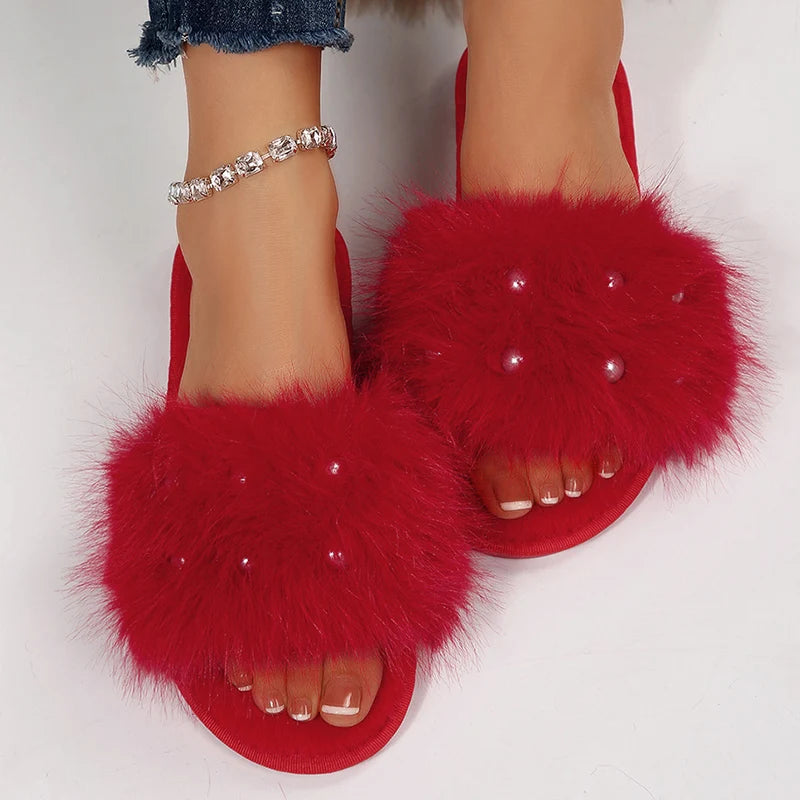 Women's Faux Fur Pearl Slippers Open Toe Plush Home Slides