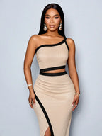 Women's One-Shoulder Waist-Cutout High Slit Mermaid Dress Khaki