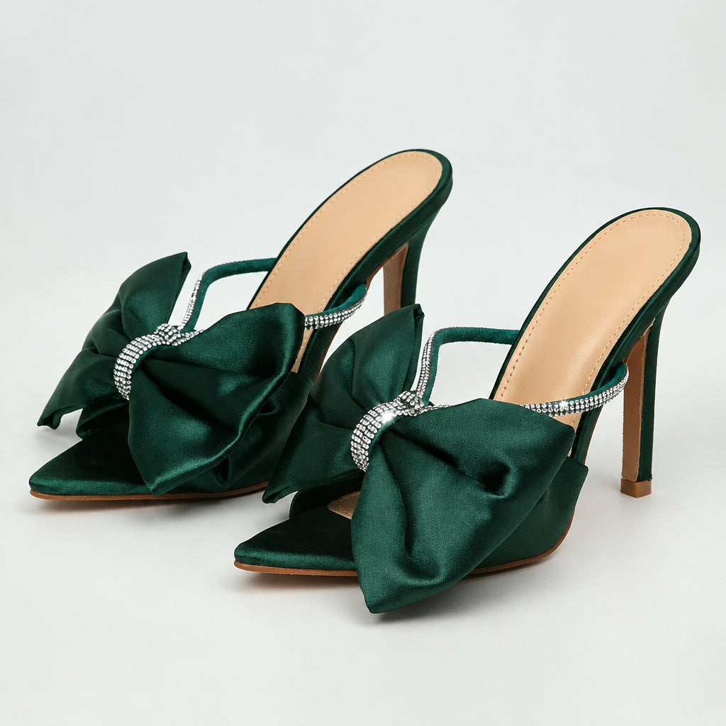 Women's Crystal Rhinestone Bow Thin Heel Slippers