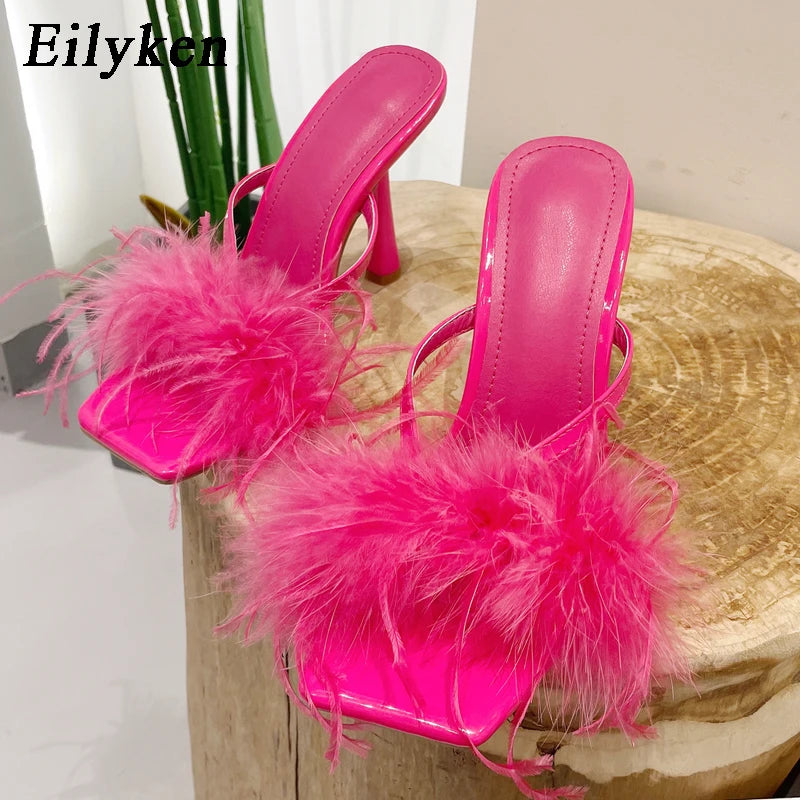 Women's Fluffy Furry Peep Toe Stiletto Mules