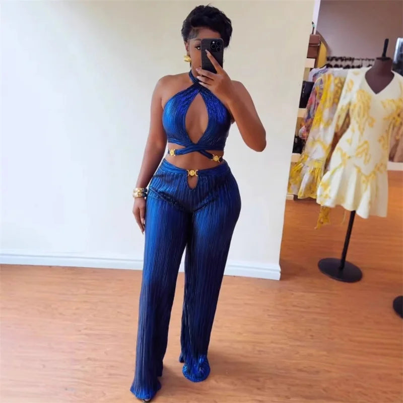 Women's Halter Bandage Crop Top Wide Leg Pants Set