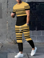 Men's Casual Striped Print Long Sleeve T-Shirt and Drawstring Pants Set