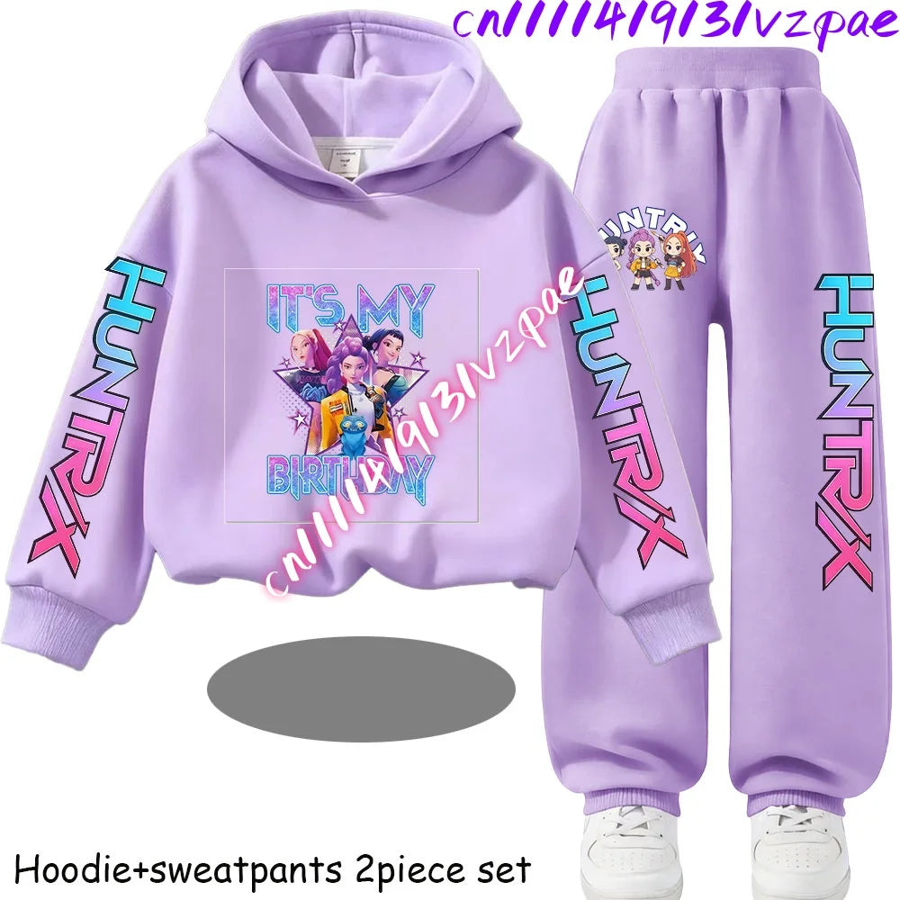Girls' Print Hoodie Pants Two-Piece Set
