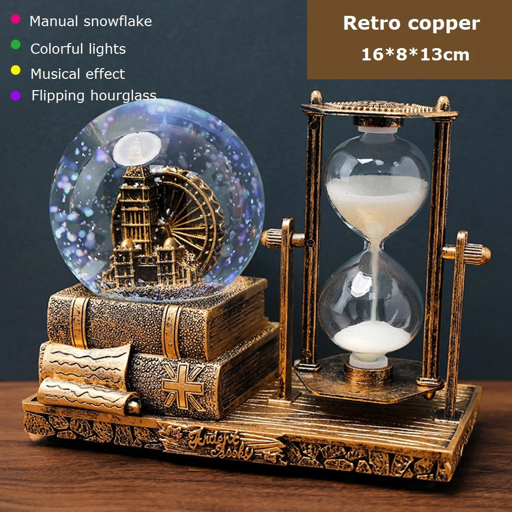 Vintage Luminous Snow Globe and Retro Hourglass Ornament