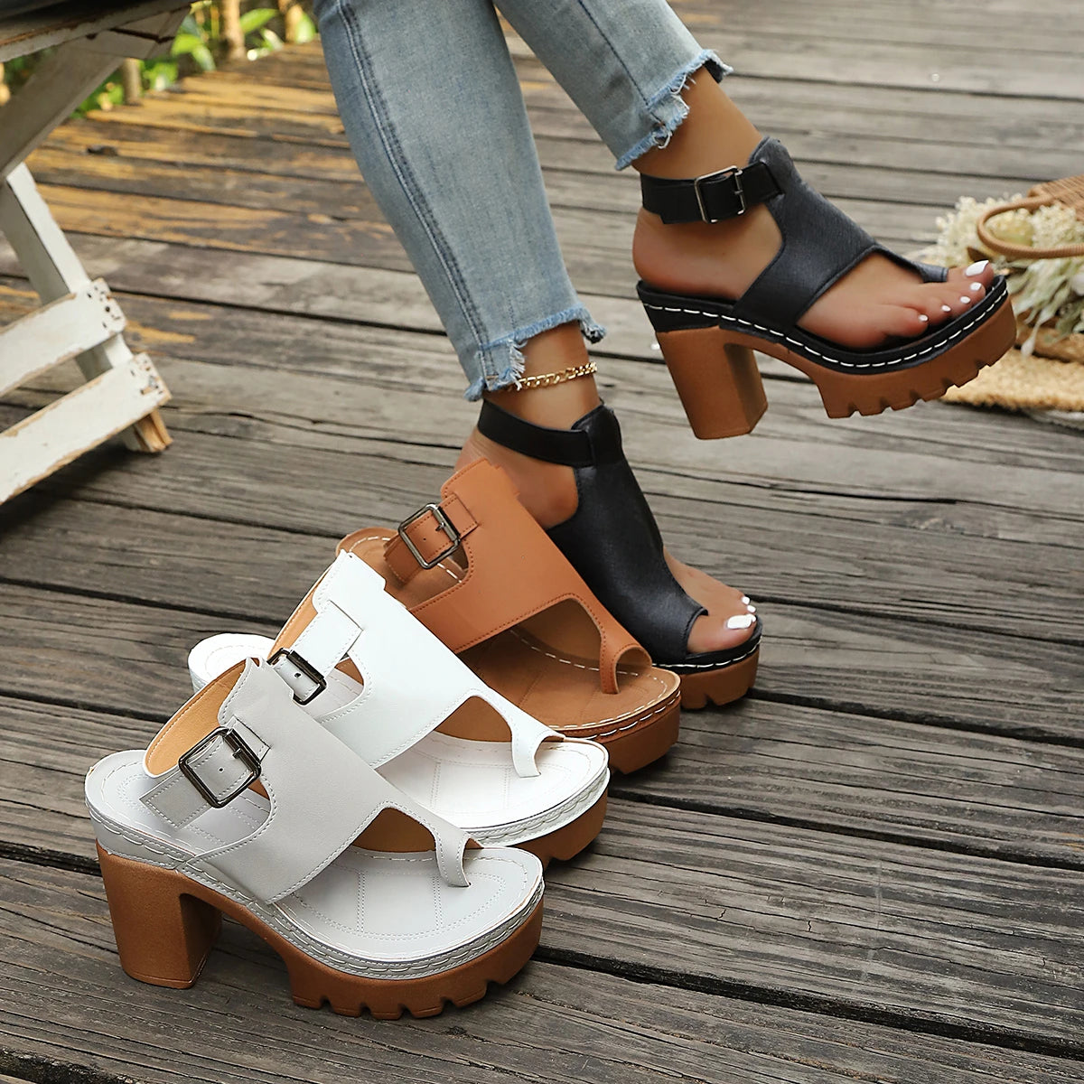 Women's Chunky Block Heel Platform Sandals Open Toe Adjustable Buckle