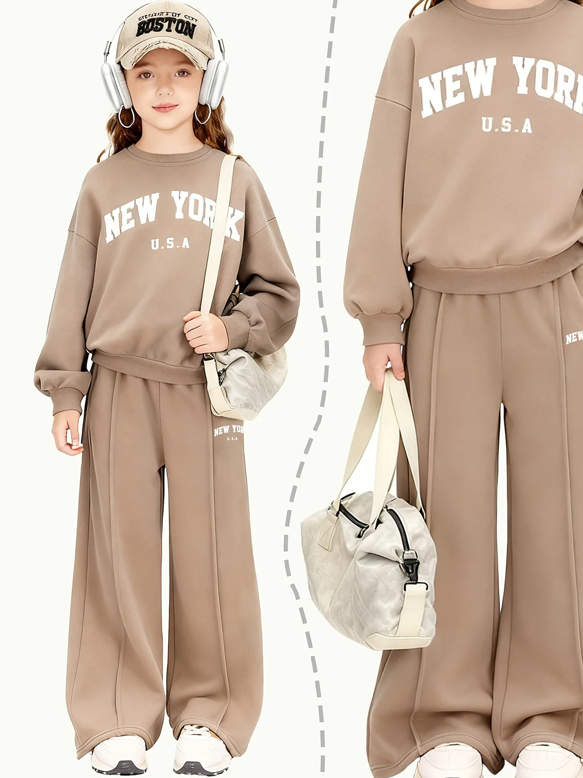 Girls' Letter Print Sweatshirt Wide Leg Pants Two-Piece Set