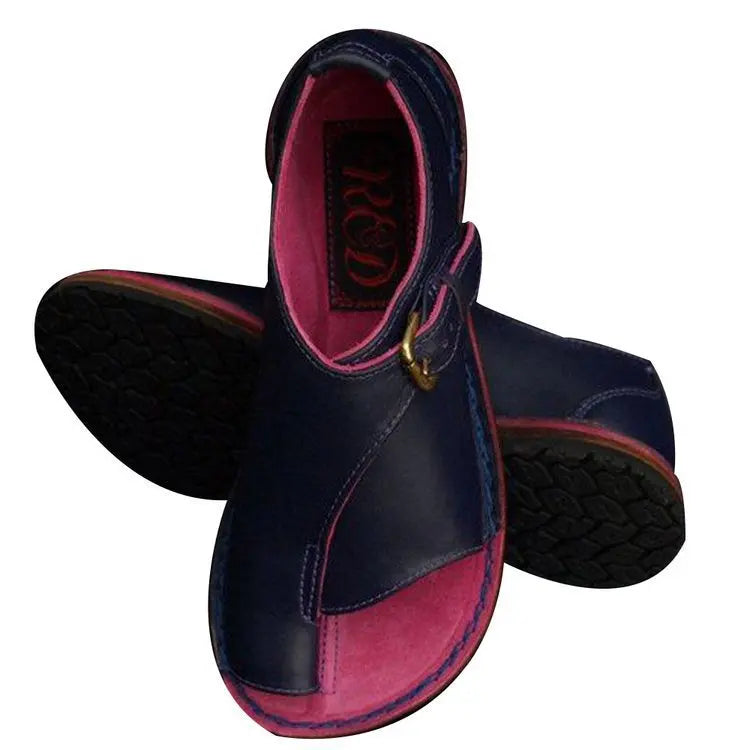 Women's Retro PU Leather Peep Toe Flat Sandals