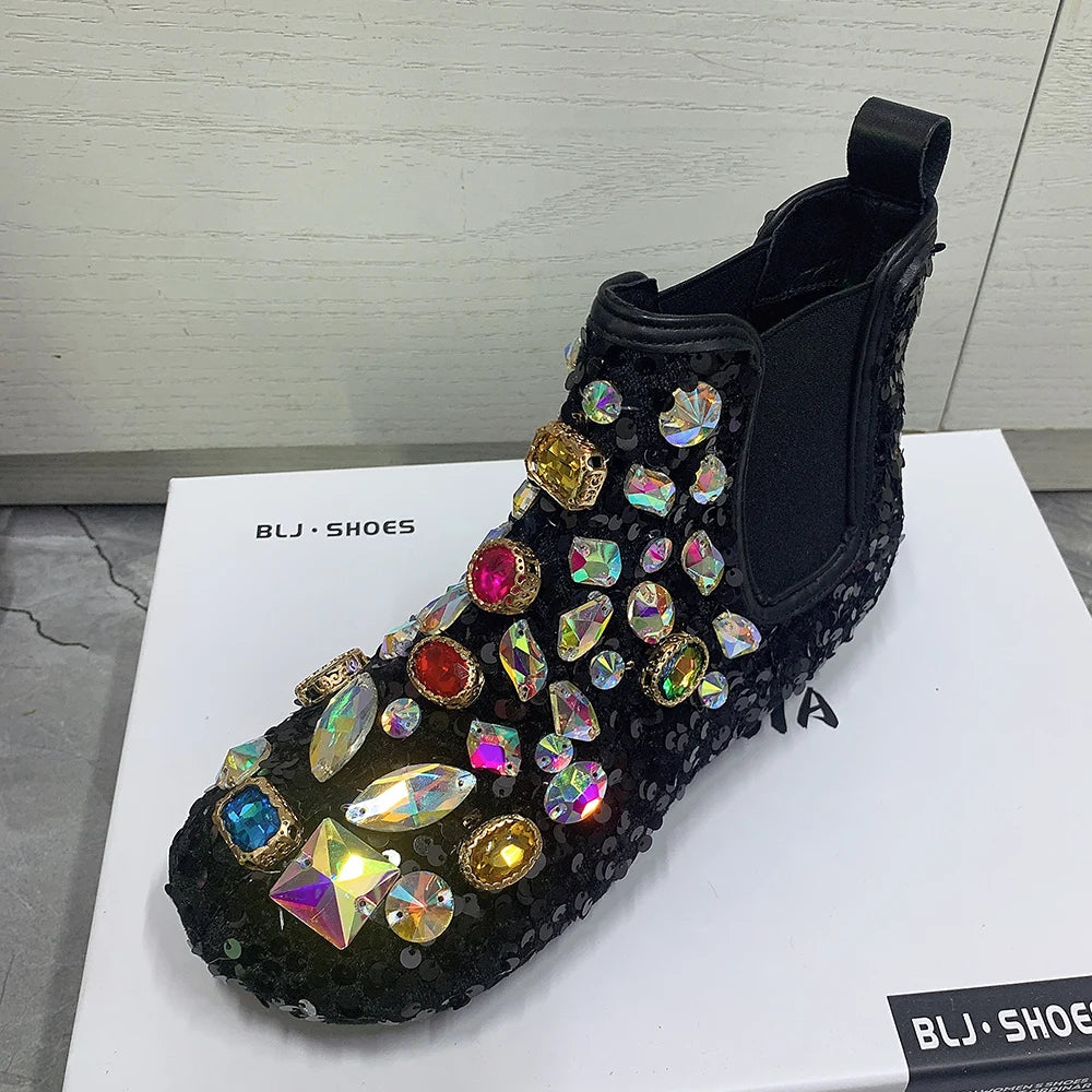 Women's Rhinestone Flat Ankle Boots Plush Winter Snow Shoes