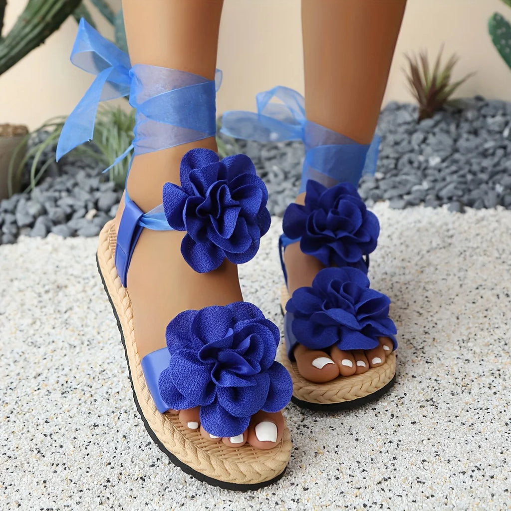Women's Floral Applique Platform Lace-Up Sandals Flat Open Toe