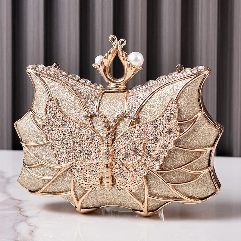 Hollow Butterfly Evening Clutch Bag with Sequins and Diamonds