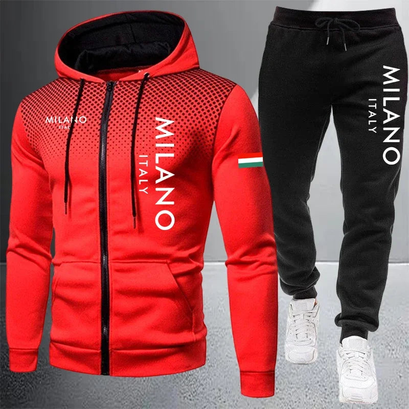 Men's Casual Zip Hooded Sweatshirt and Drawstring Pants Set