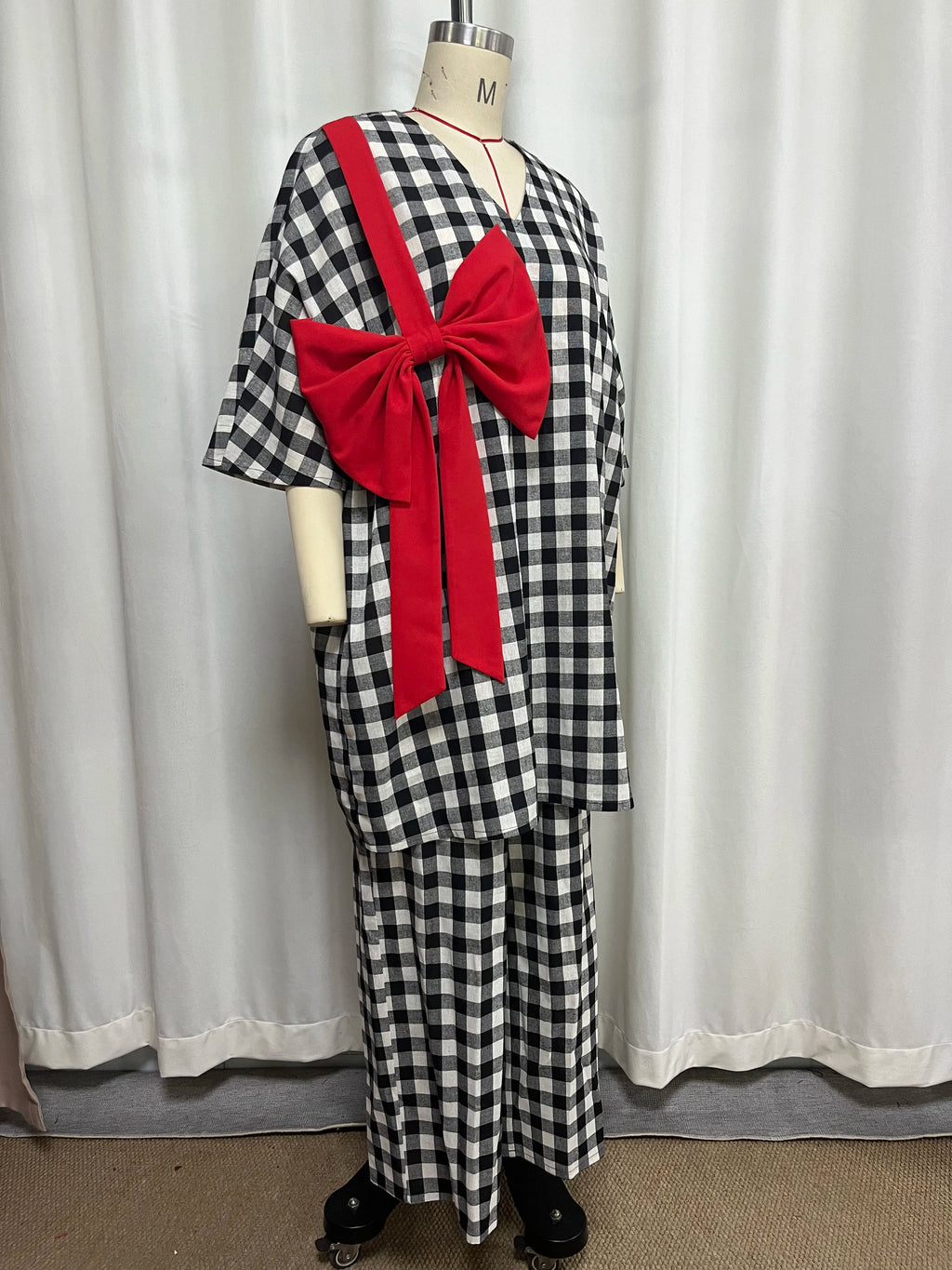 Women's Plaid Bow Tunic Top Wide Leg Pants Set