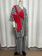 Women's Plaid Bow Tunic Top Wide Leg Pants Set