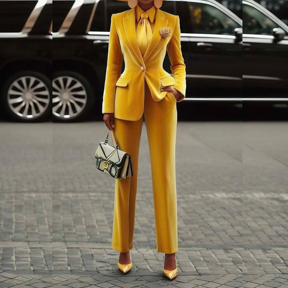 Women's Velvet Notch Lapel Slim Fit 2 Piece Pants Suit