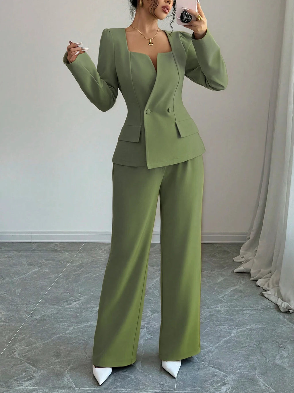 Women's Square Neck Blazer Wide Leg Pants Suit