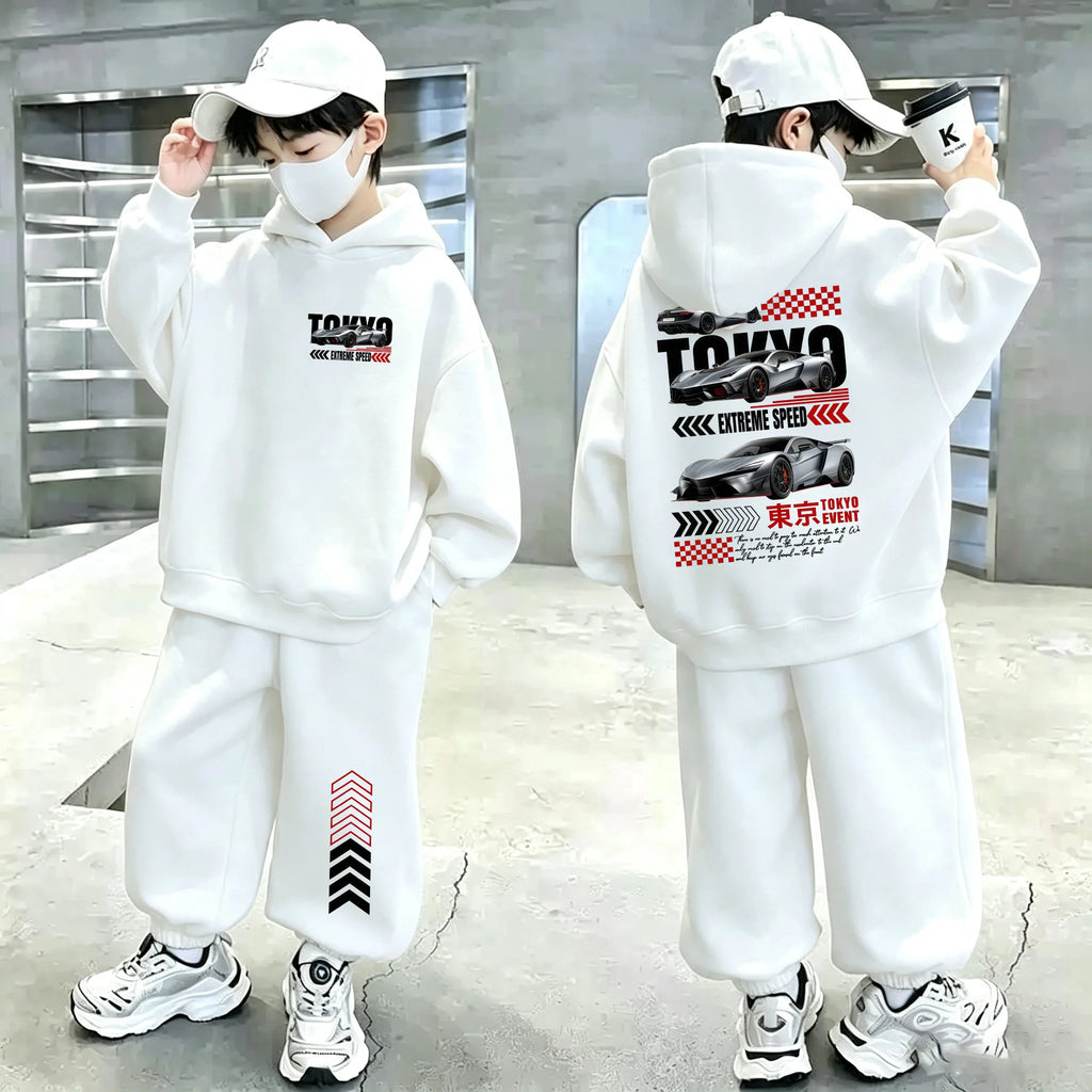 Boys' Racing Print Long-Sleeve Hoodie Shorts Two-Piece Set
