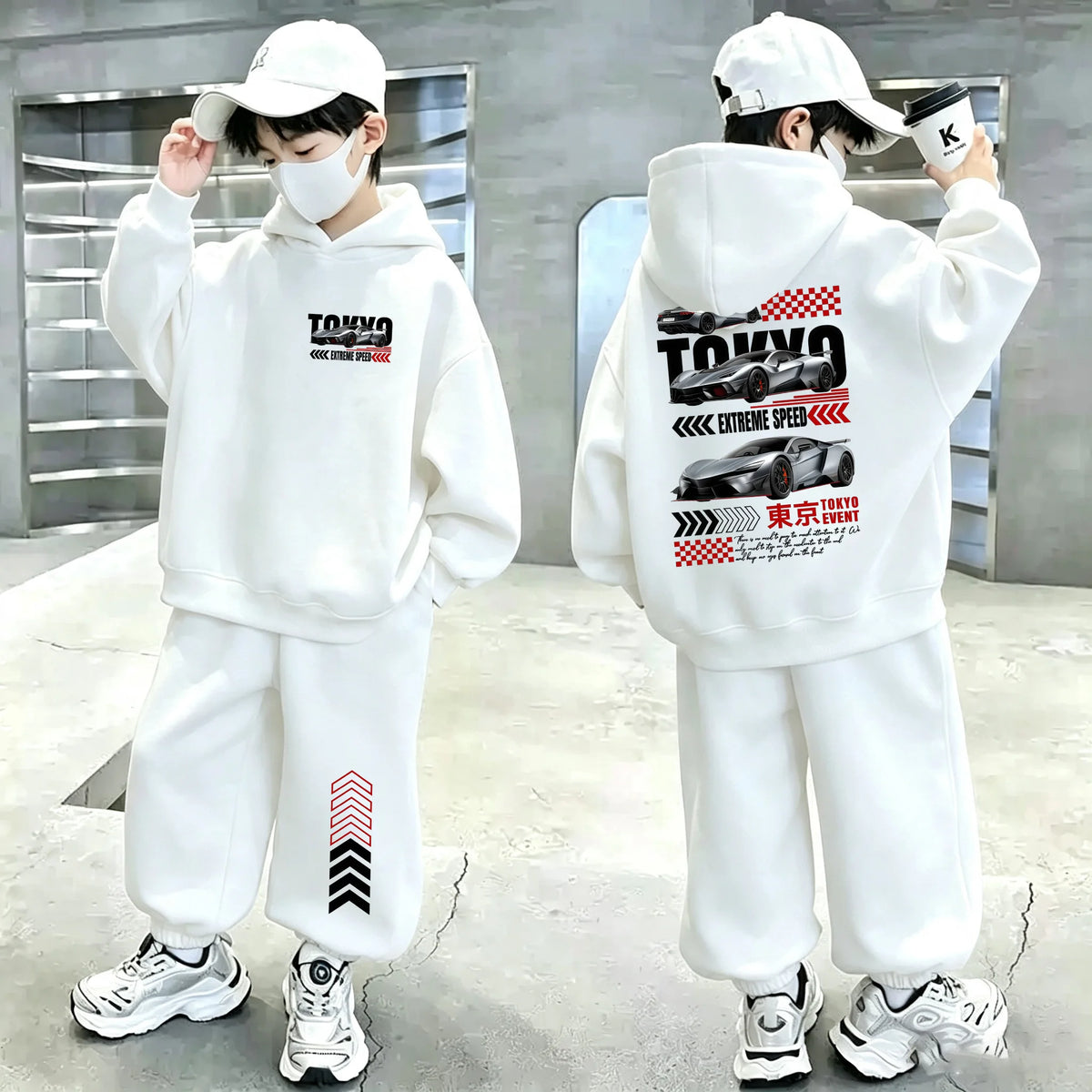 Boys' Racing Print Long-Sleeve Hoodie Shorts Two-Piece Set