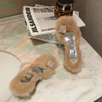 Women's Fluffy Rhinestone Chunky Heel Slippers