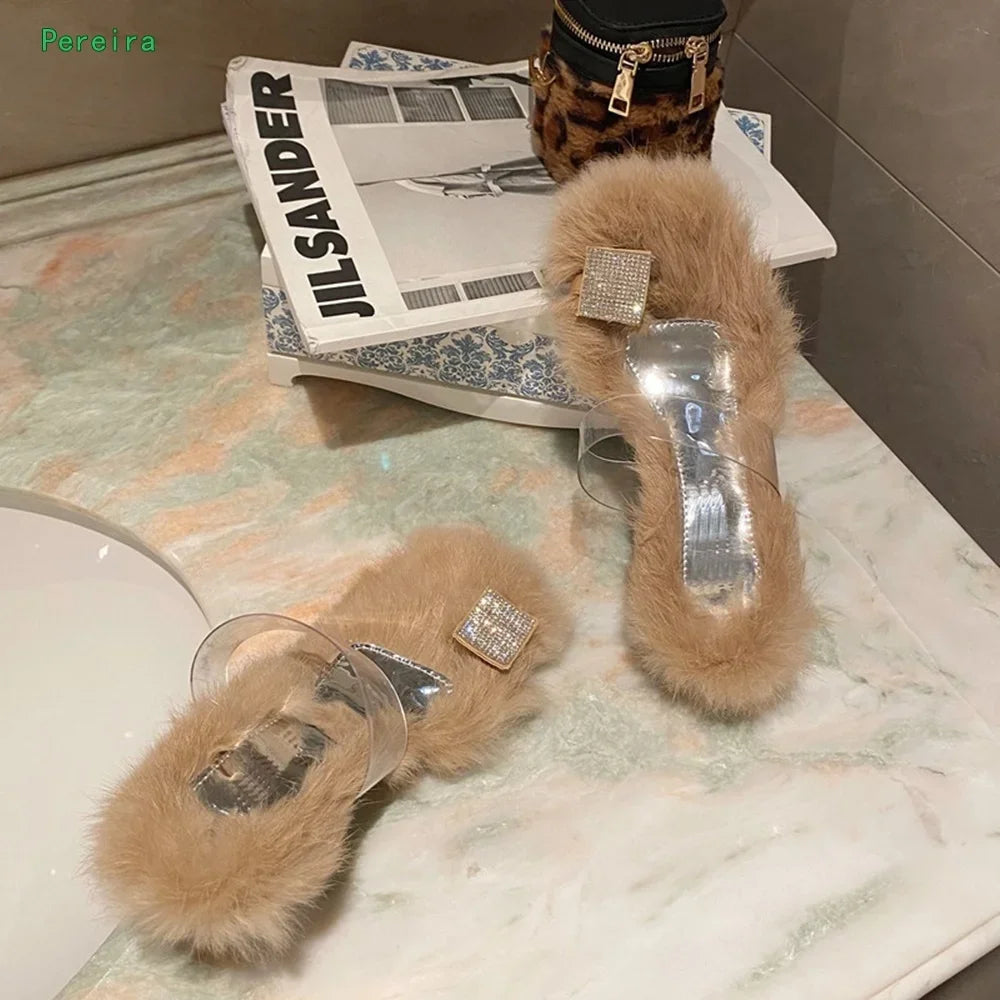 Women's Fluffy Rhinestone Chunky Heel Slippers