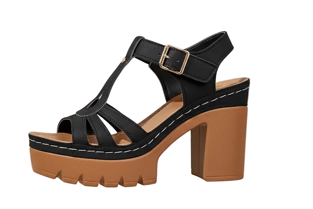 Women's T-Strap Platform Block Heel Sandals Cutout Ankle Strap