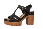 Women's T-Strap Platform Block Heel Sandals Cutout Ankle Strap