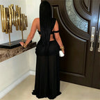 Women's Sexy Sheer Mesh Halter Ruched Floor-Length Maxi Dress