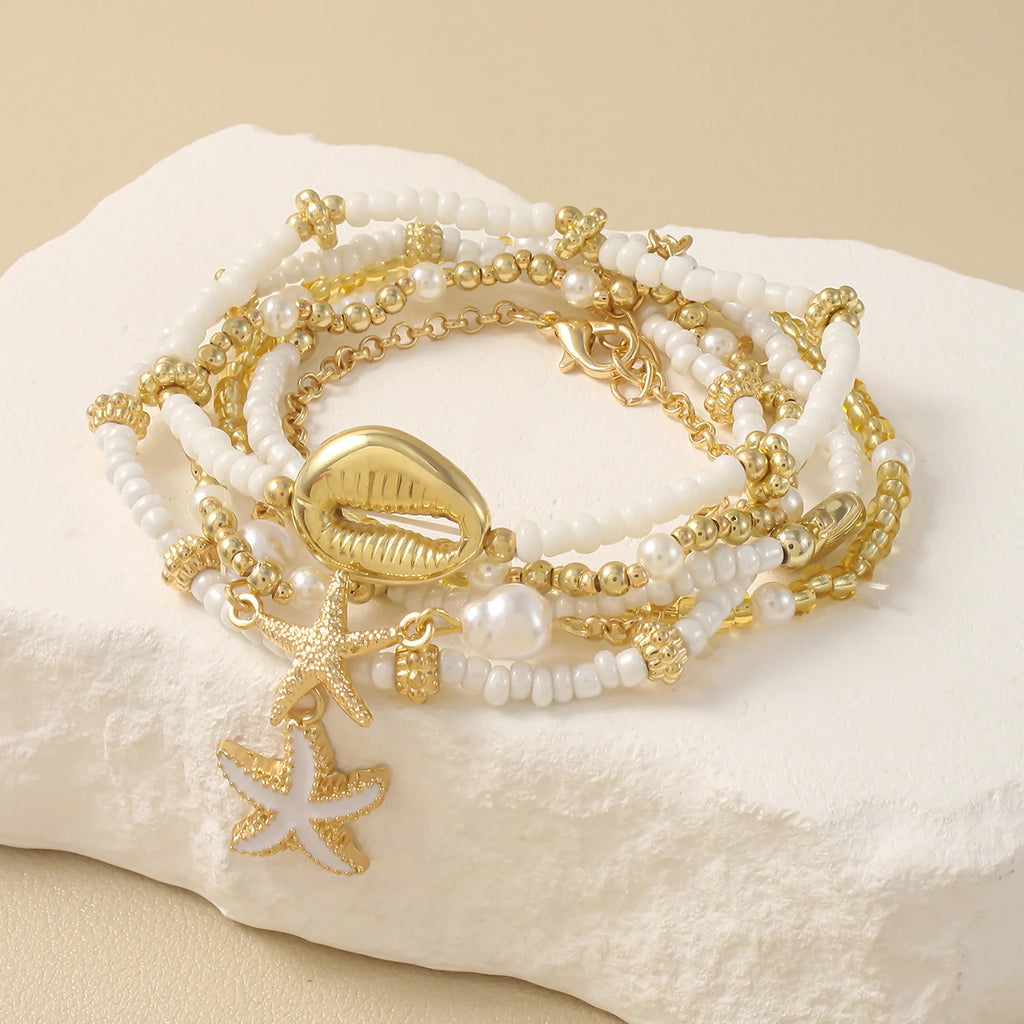 Women's Fashion Bohemian Shell Starfish Stacked Pearl Bead Bracelet Set