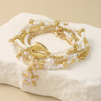 Women's Fashion Bohemian Shell Starfish Stacked Pearl Bead Bracelet Set
