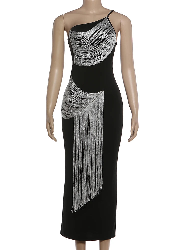 Women's Sexy Tassel Irregular Skew Collar Backless Maxi Dress