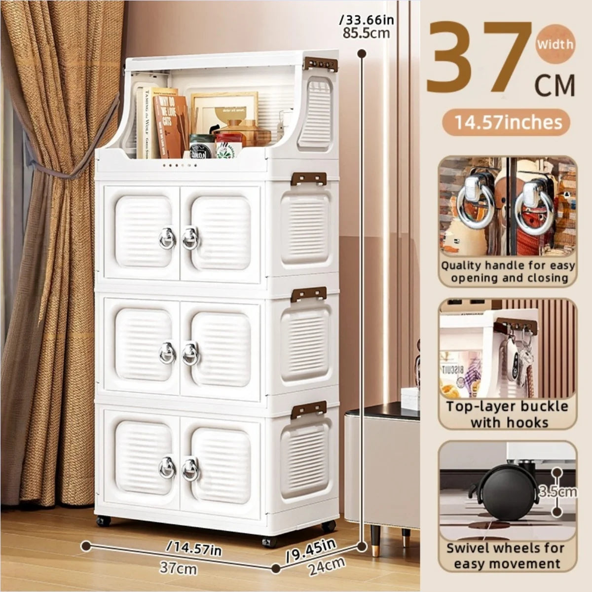 14.6in Foldable PP Plastic Storage Cabinet and Rolling Organizer