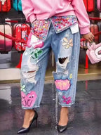 Women's Floral Embroidery Beaded High Waist Loose Jeans
