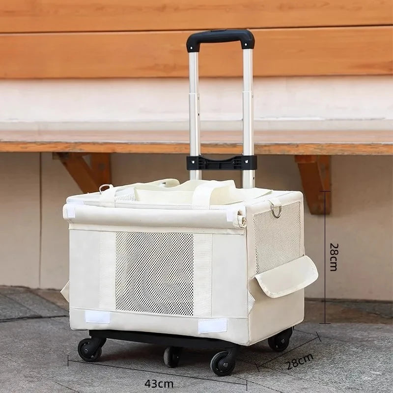 Foldable Double-Layer Pet Carrier with Wheels Breathable Travel Trolley for Two Cats