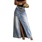 Women's Washed Denim Maxi Skirt High Waist Asymmetric Front Slit