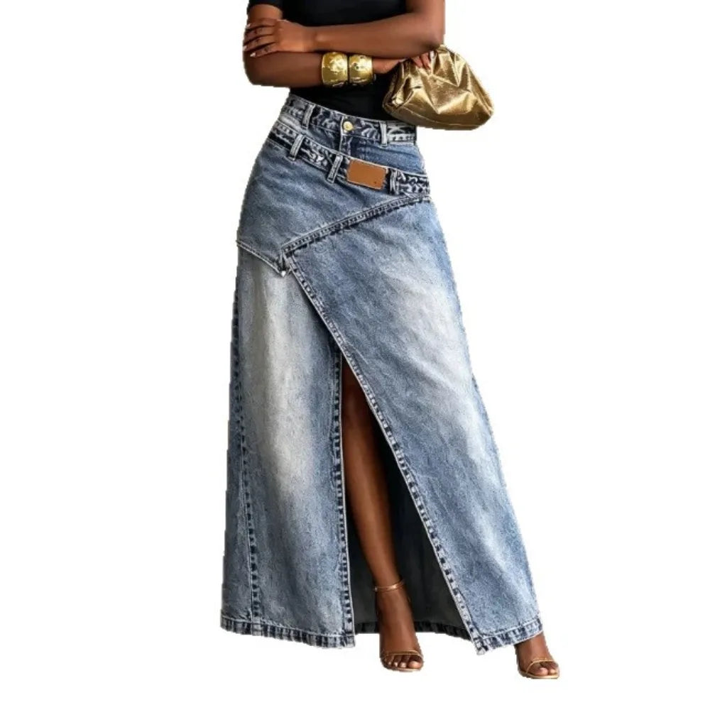 Women's Washed Denim Maxi Skirt High Waist Asymmetric Front Slit