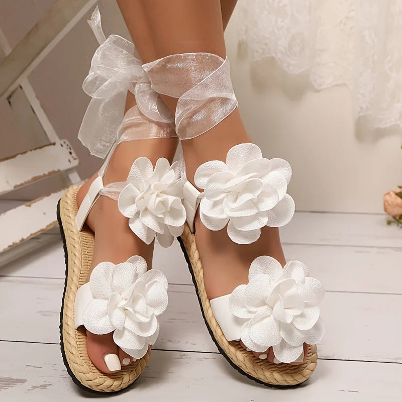 Women's Floral Applique Platform Lace-Up Sandals Flat Open Toe