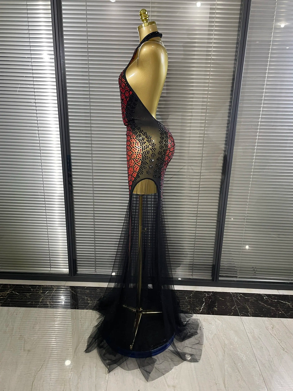 Women's Sexy Rhinestone Halter Backless Mesh Maxi Dress