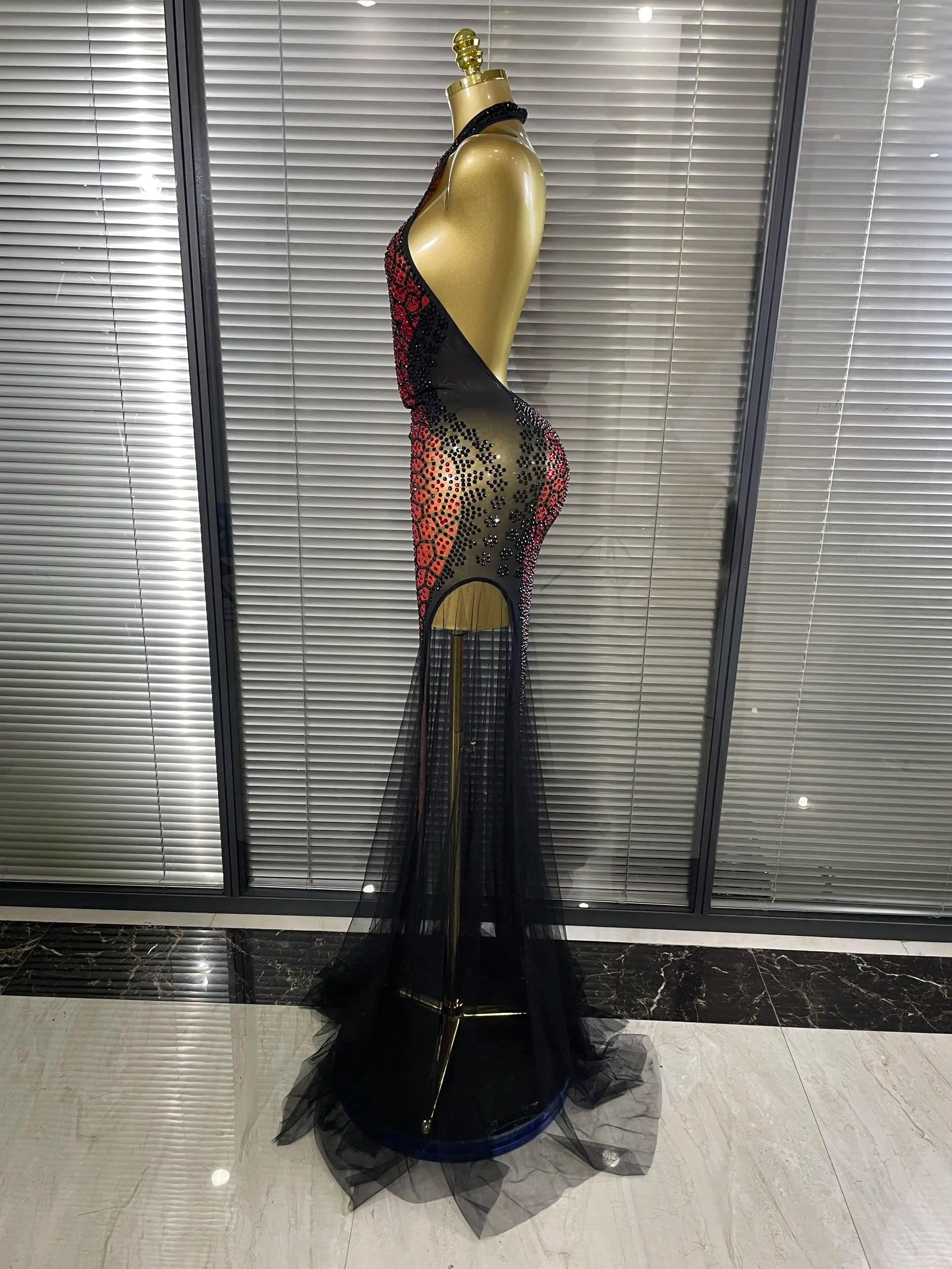 Women's Sexy Rhinestone Halter Backless Mesh Maxi Dress