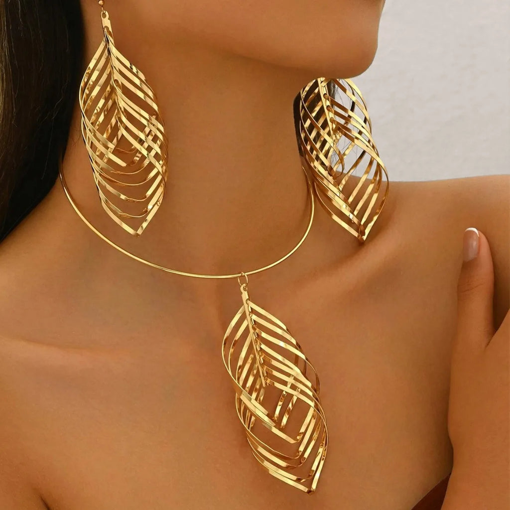Women's Fashion Elegant Fringed Leaf Collar Necklace and Earrings Jewelry Set