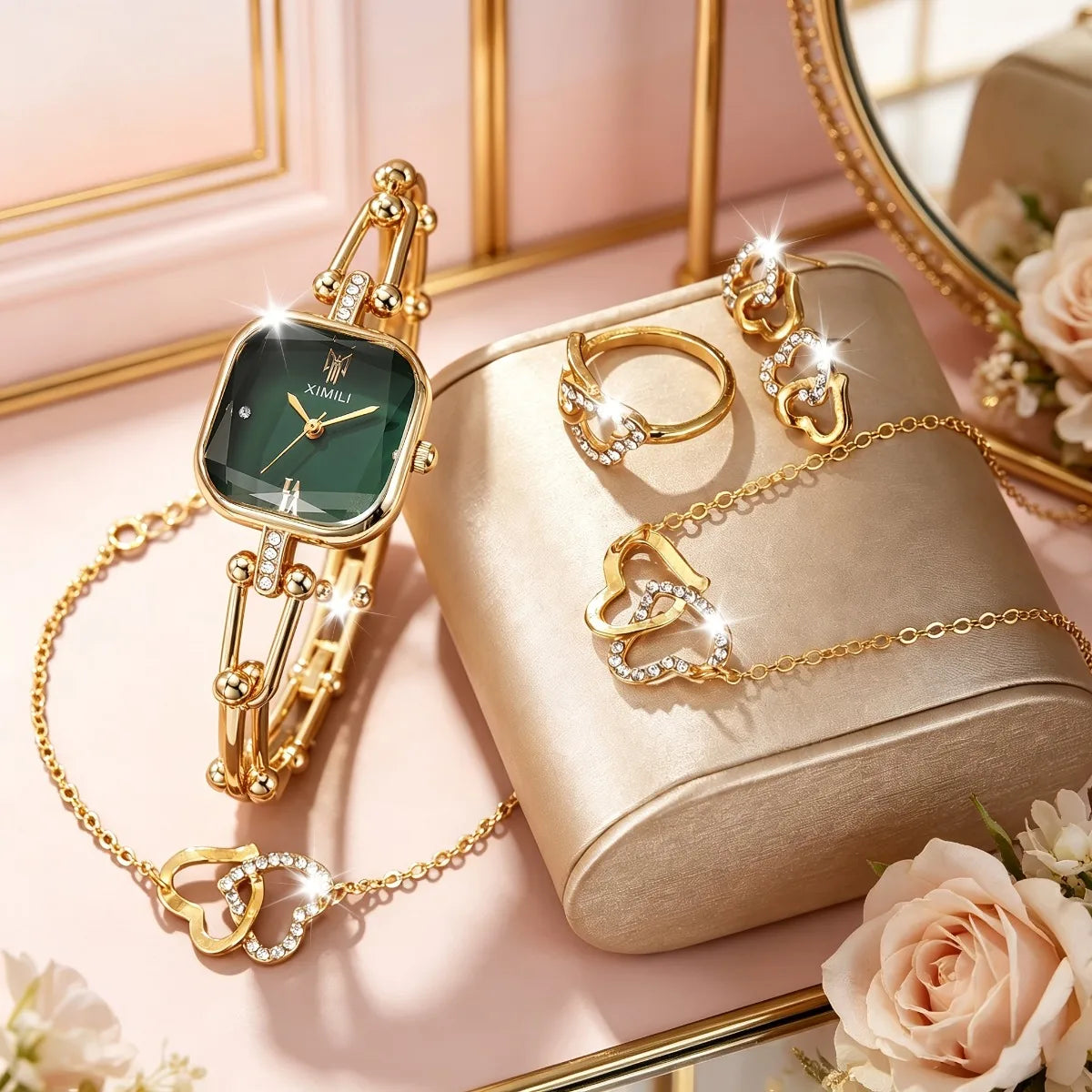 Square Women's Quartz Watch and Jewelry 6-Piece Set