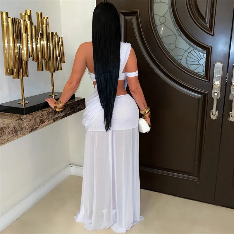 Women's Sexy Sheer Mesh Halter Ruched Floor-Length Maxi Dress